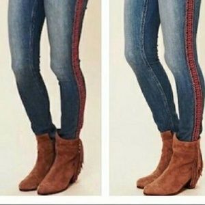Free People Blue Jeans with Red Side Stripes